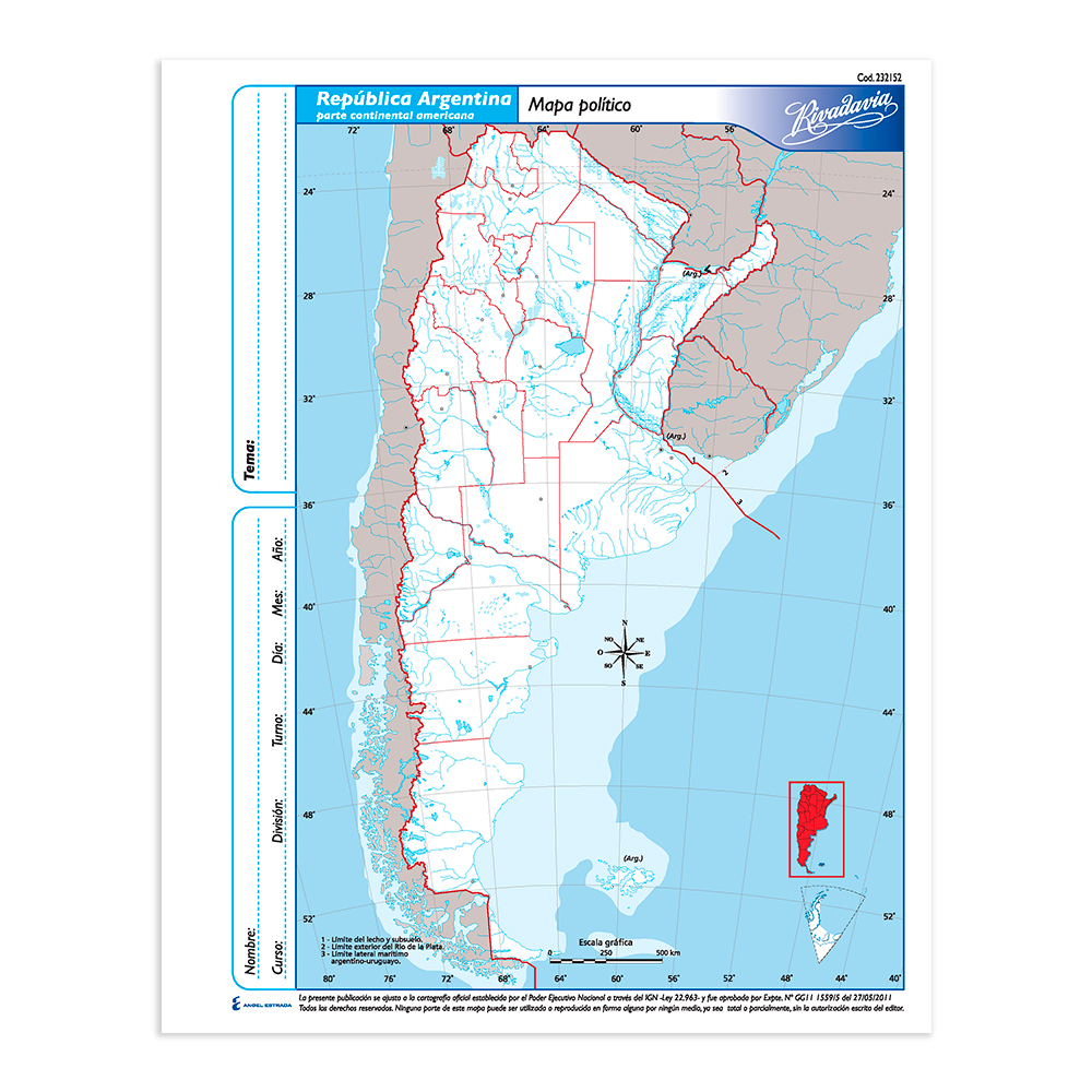 Mapa Argentina político Rivadavia N°3, block de 40 mapas