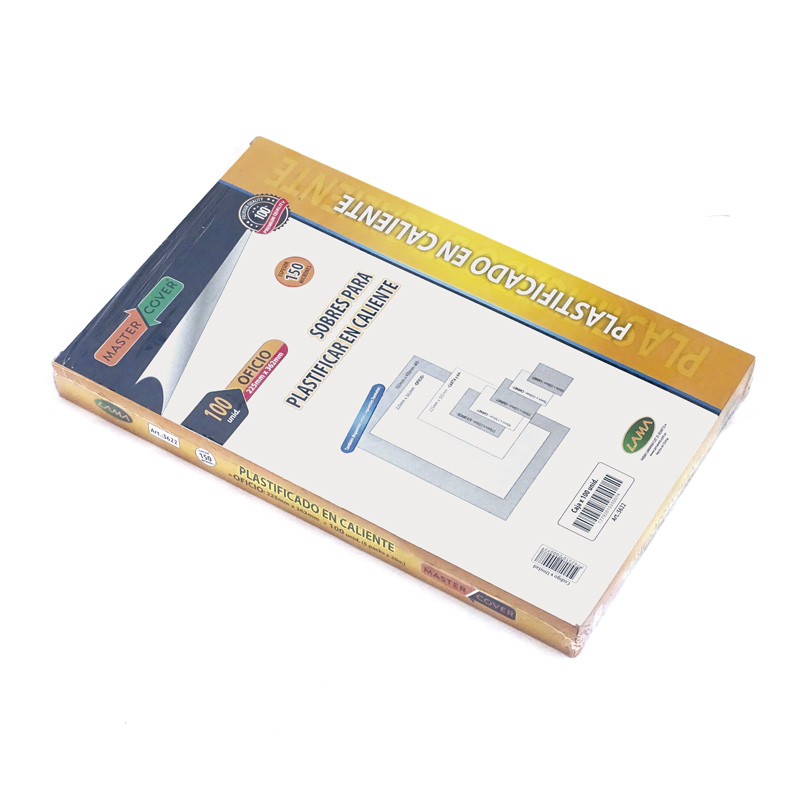 Sobre para plastificado, 150 micrones , 225 x 362mm. x 100 unidades