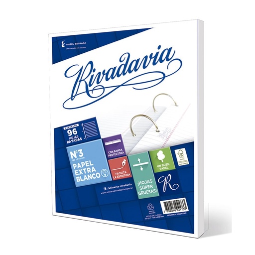 [RIVEXB96RAYA] Repuesto Rivadavia Banda Extra Blanco, 96 hojas rayadas