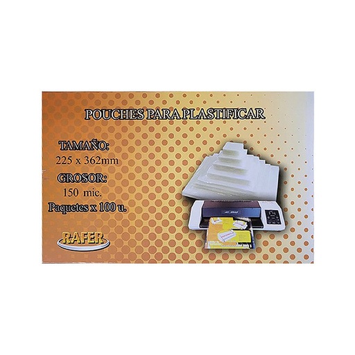 [RAFERPOFX100] Sobre para plastificado, 150 micrones Rafer, 225 x 362mm. pack de 100 unidades